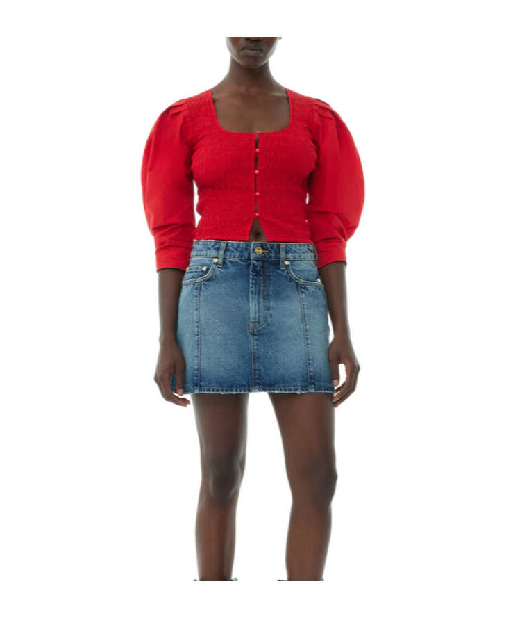 Ganni Smocked Poplin Blouse In Red