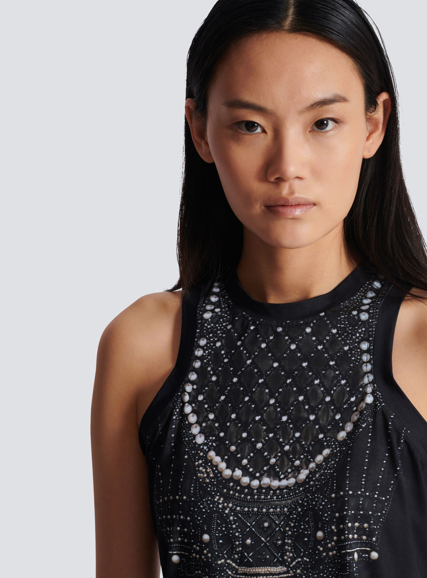 Balmain Soft Tank Top With Faux Embroidery Print In Black