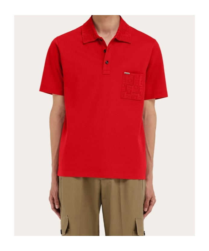 Ferragamo V-neck Polo With Jacquard Pocket Detail In Red