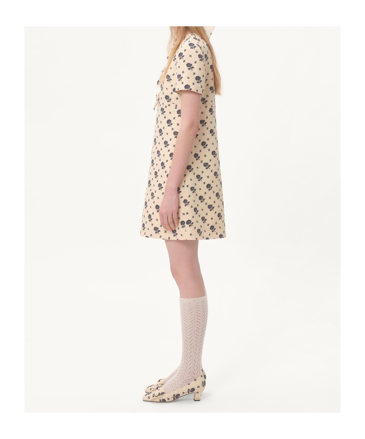 Valentino Floral Print Bow Keyhole Wool Mini Dress In Nude