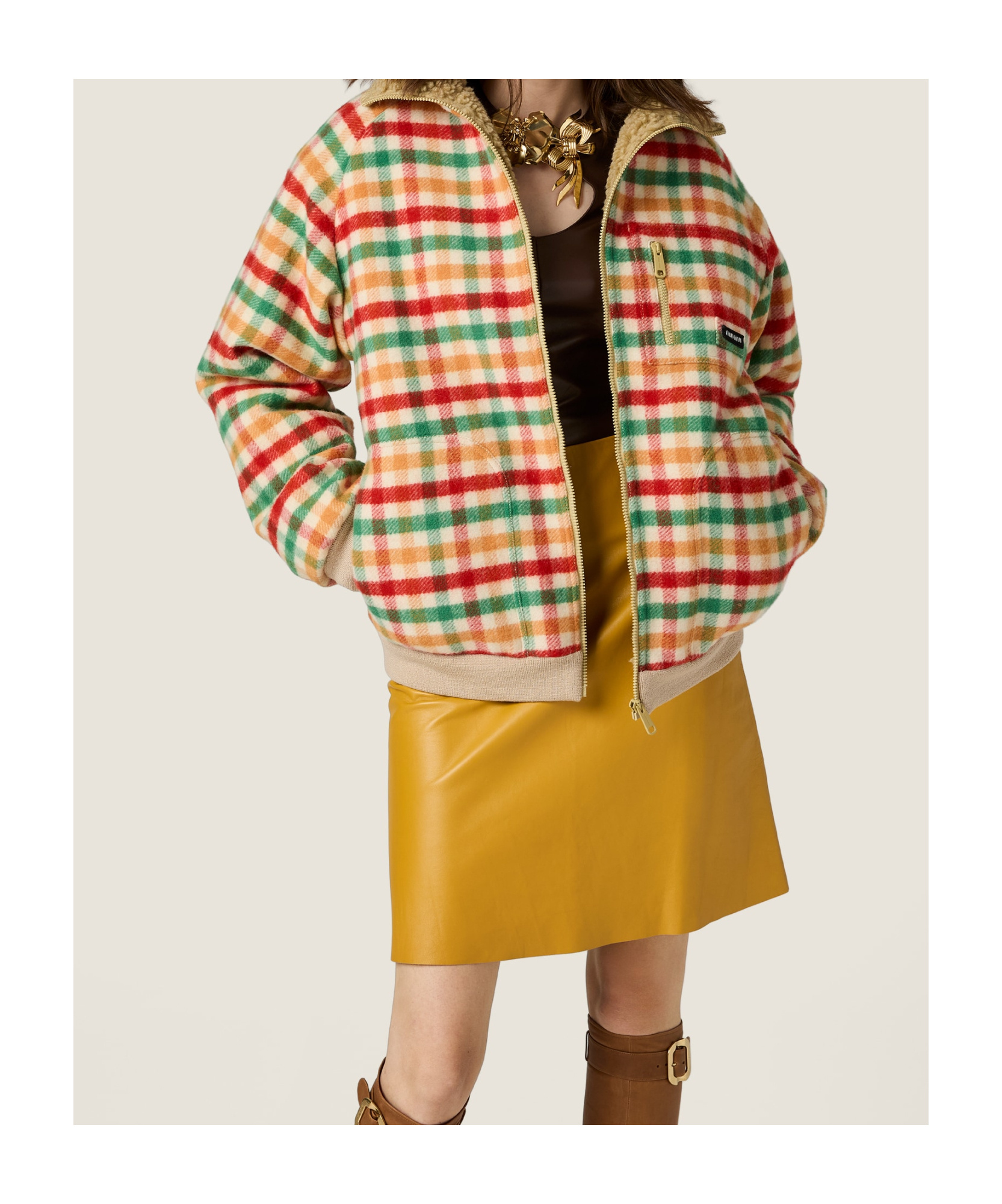 Miu Miu Wool Jacket Plaid Pattern Shearling Collar In Multi