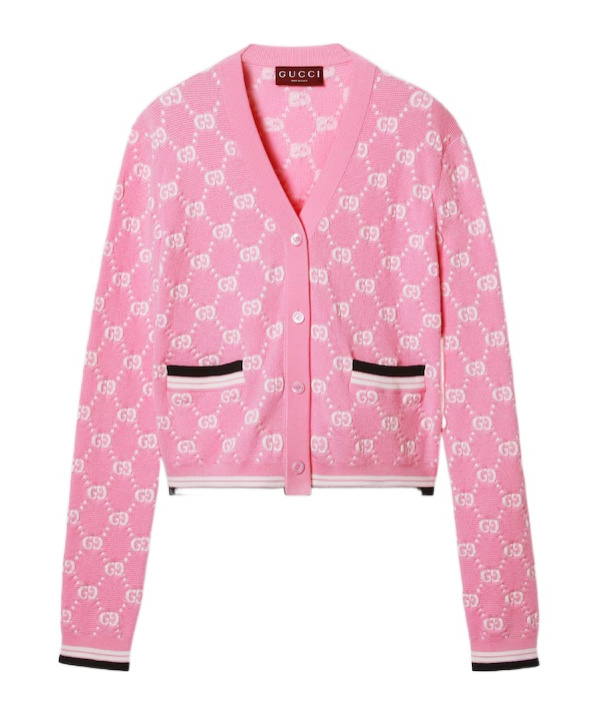 Gucci Papiro Webbing-trimmed Jacquard-knit Cotton Cardigan In Pink