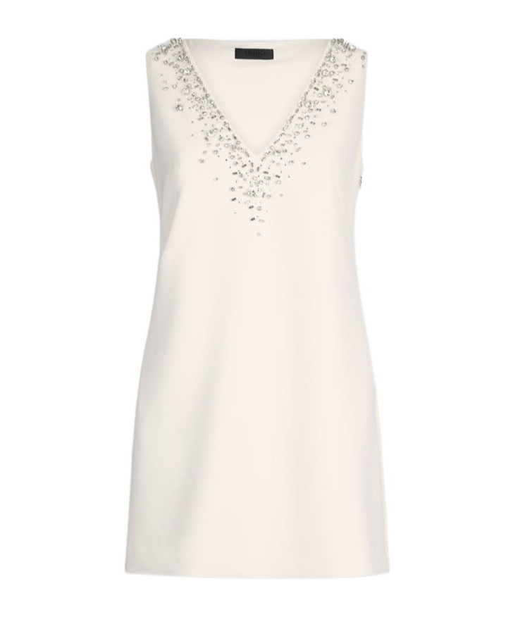 Liu •jo Short Champagne-coloured Dress With Bejewelled Embellishment In White