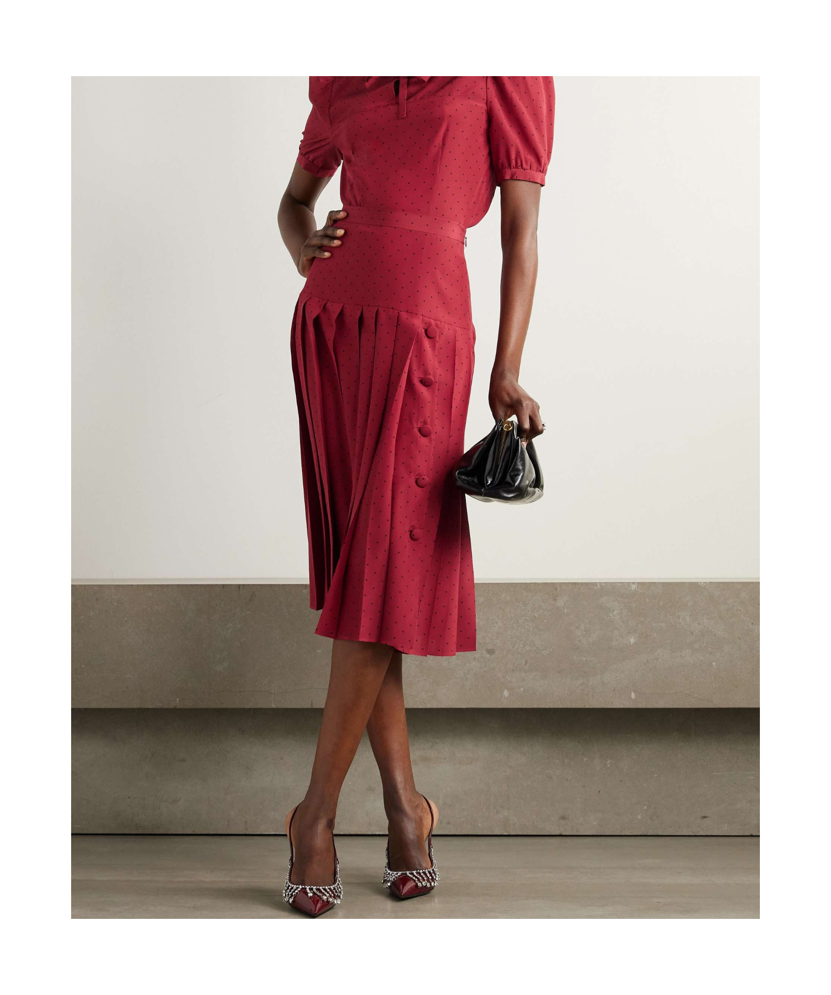 Alessandra Rich Silk Pleated Midi Skirt In Wine Red