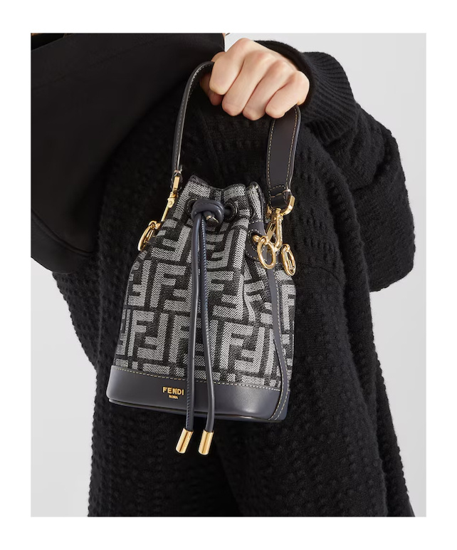 Fendi Mon Tresor Denim-effect Ff Jacquard Mini Bucket Bags In Blue