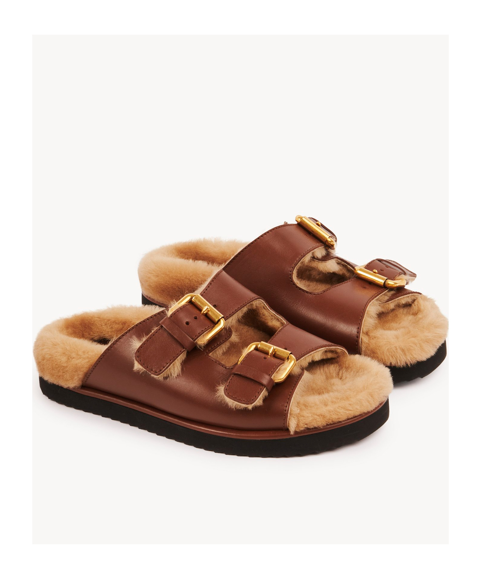 Chloé Nil Leather Shearling Dual-buckle Sandals In Brown