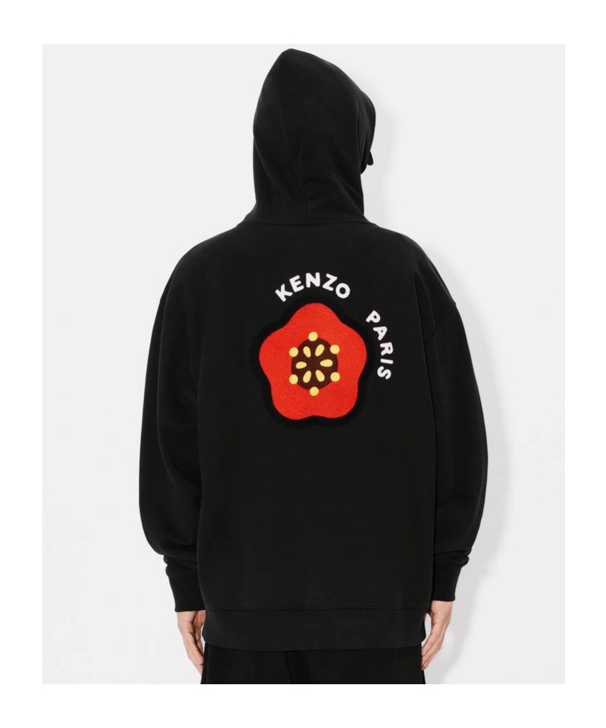 Kenzo Black Sweatshirt In Light Fllece With Broke Flower Embroidery To The Chest  Man In Black