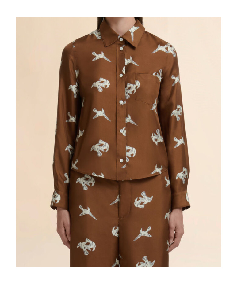 Marni Brown Silk Twill Shirt With Raven Print In Brown