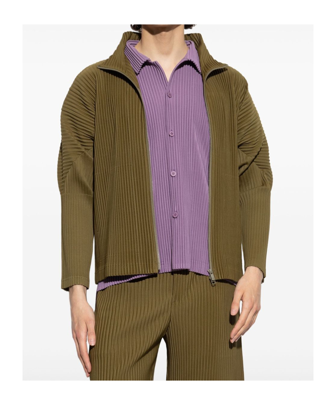 Issey Miyake Olive Green Zip-up Jacket With Ribbed Texture In Green