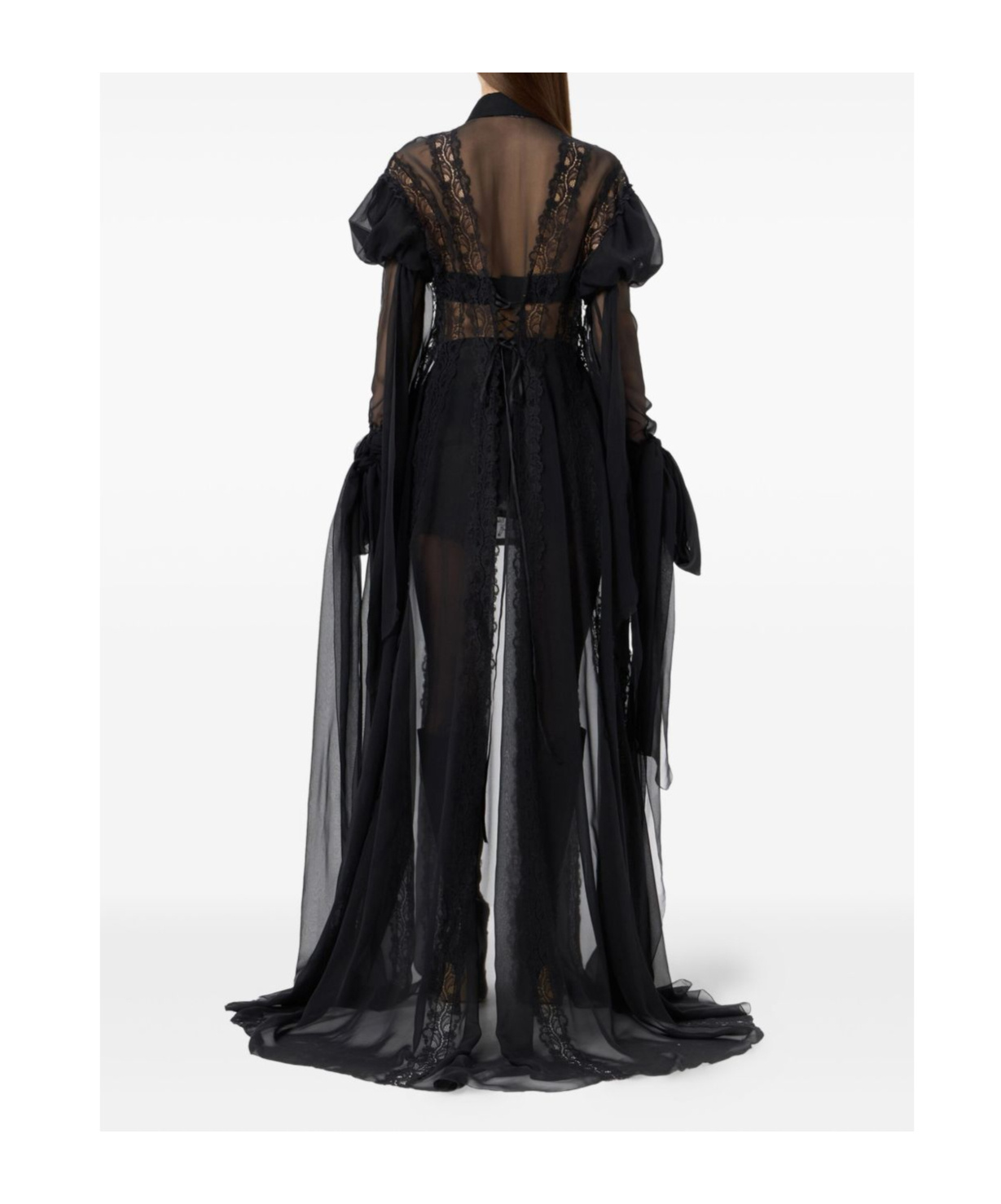 Blumarine Lace-panelled Puff-sleeve Top In Black