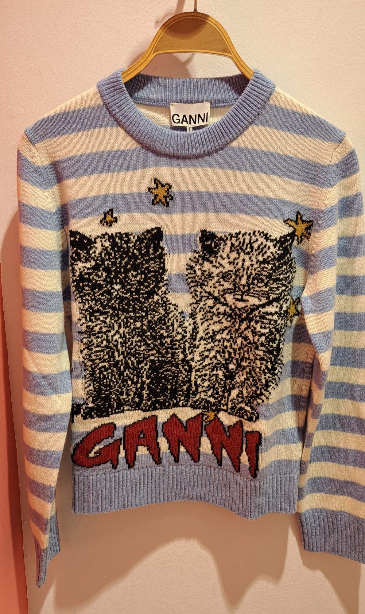 Ganni Light Blue Crewneck With Maxi Logo Print On The Front And All-over Striped Motif In Multicolor