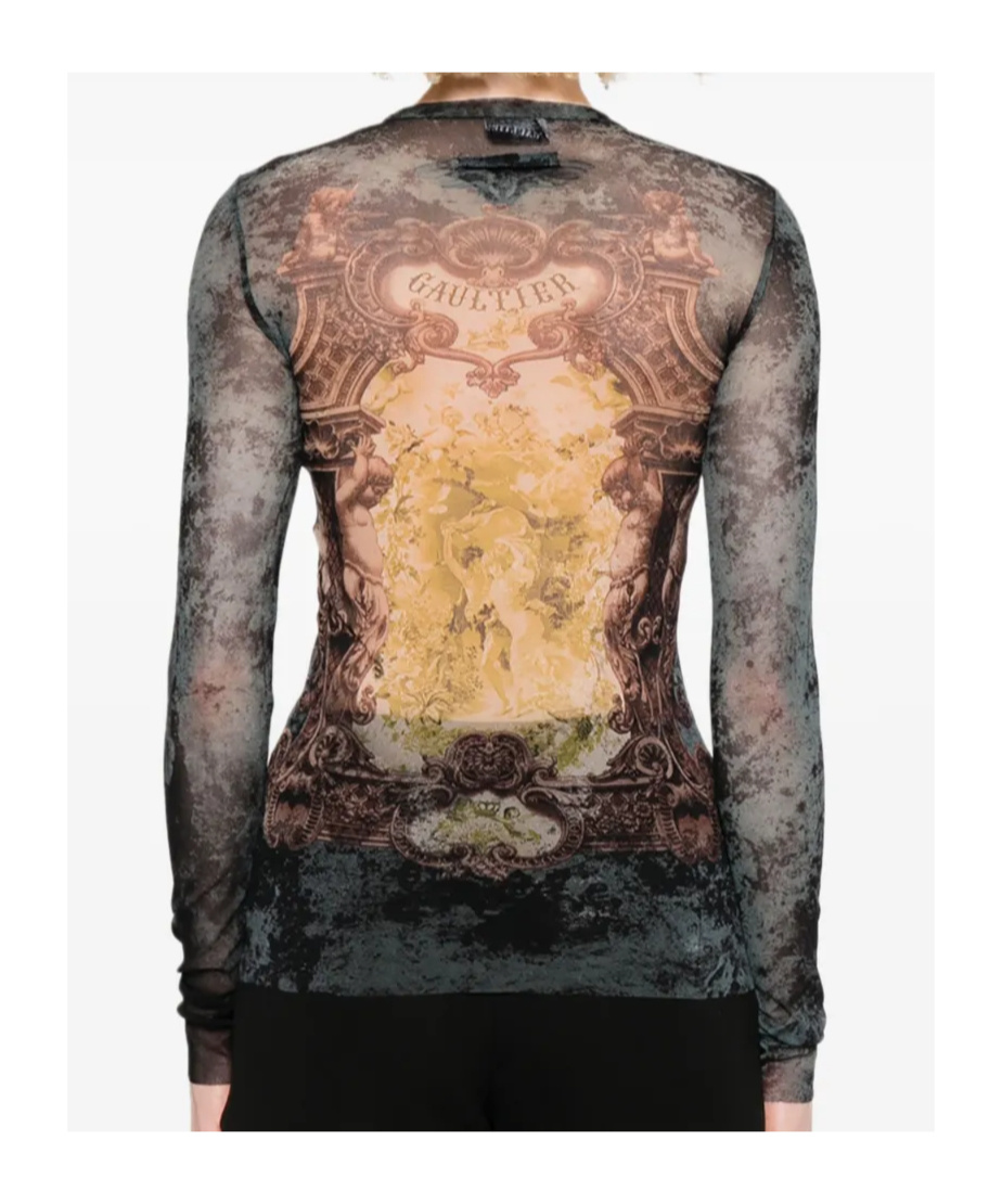 Jean Paul Gaultier Baroque-print Mesh T-shirt In Blue