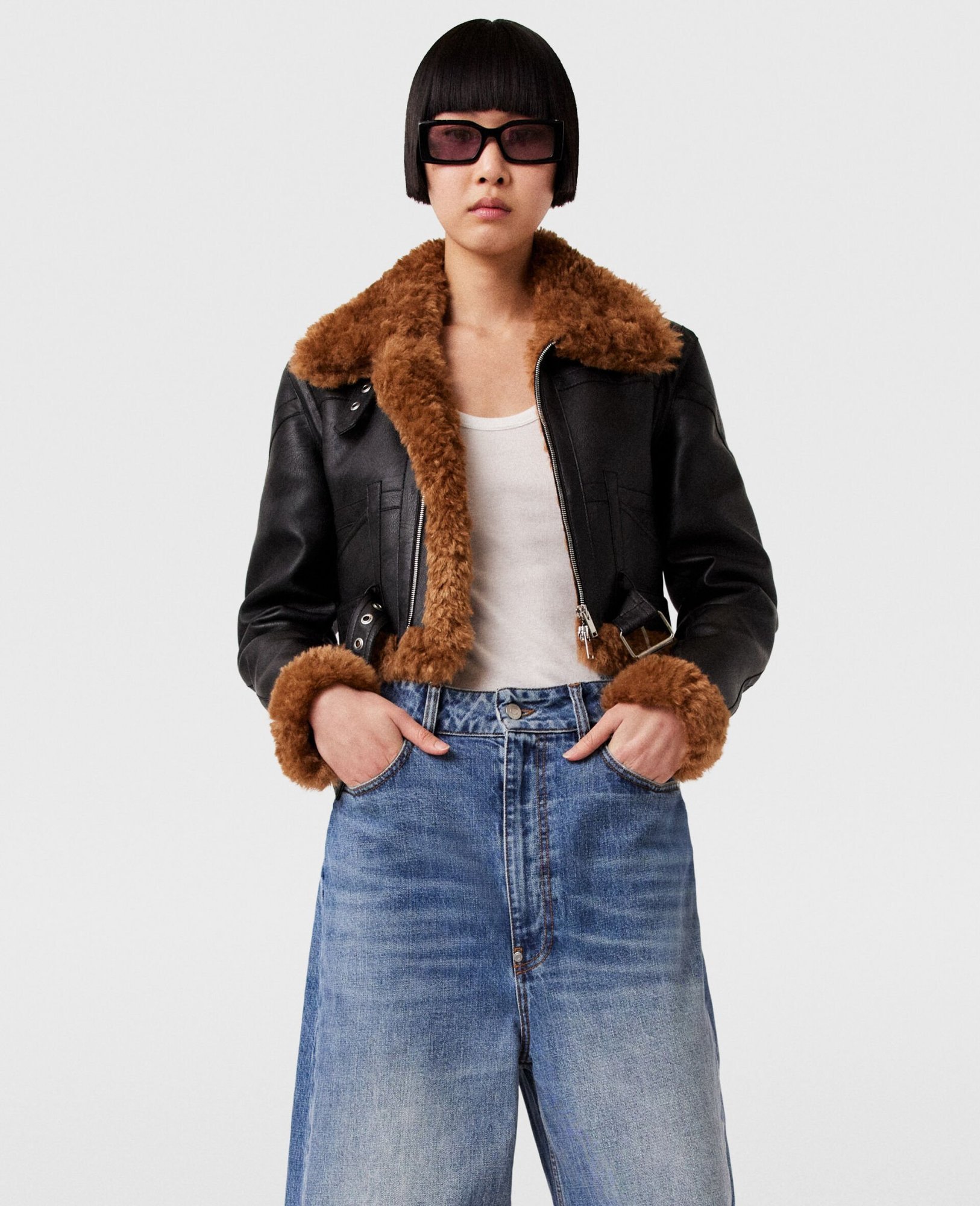 Shop Stella Mccartney Faux Fur-trim Zip-up Aviator Jacket In Black