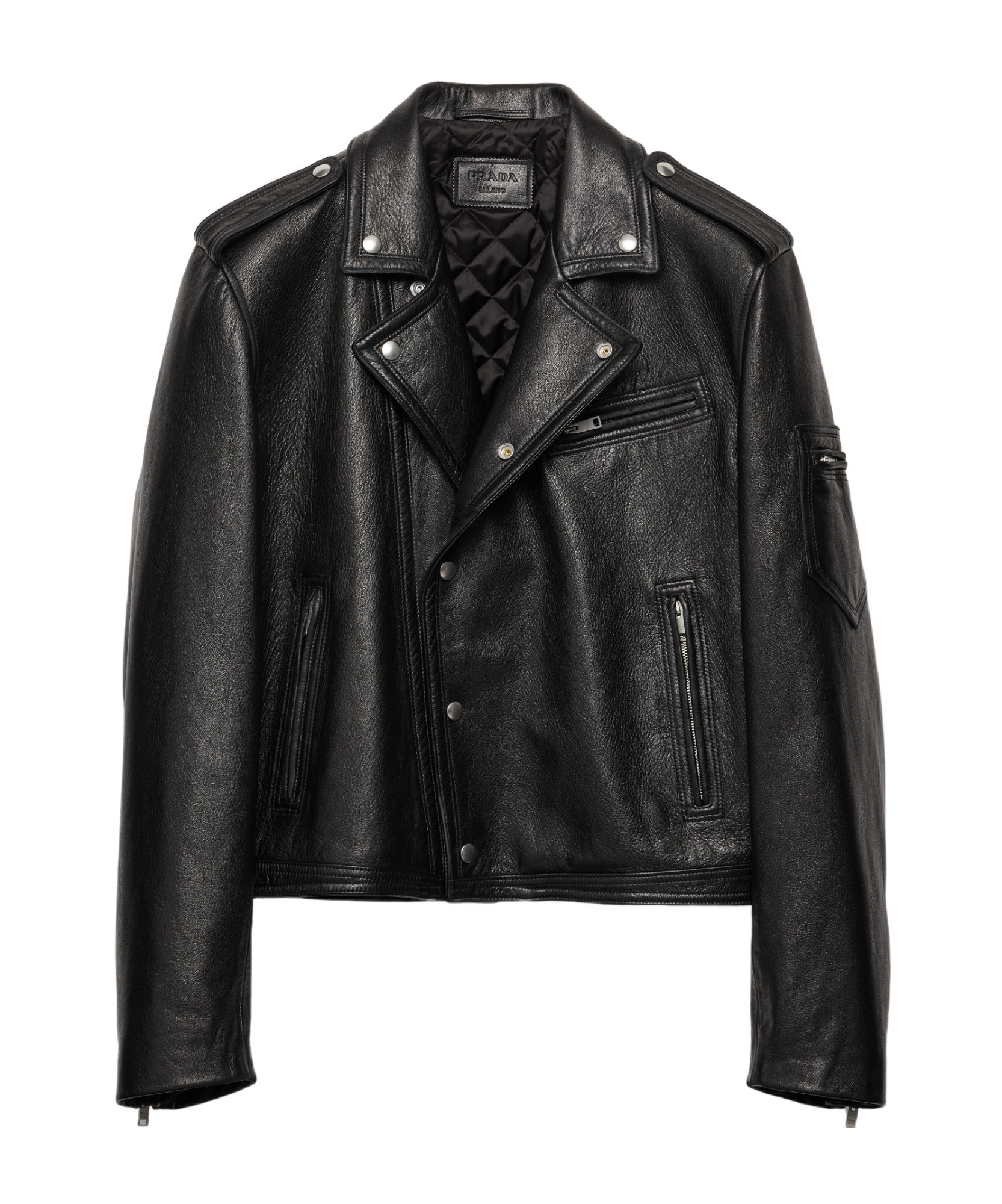 Prada Lapel Long-sleeved Leather Jacket In Black