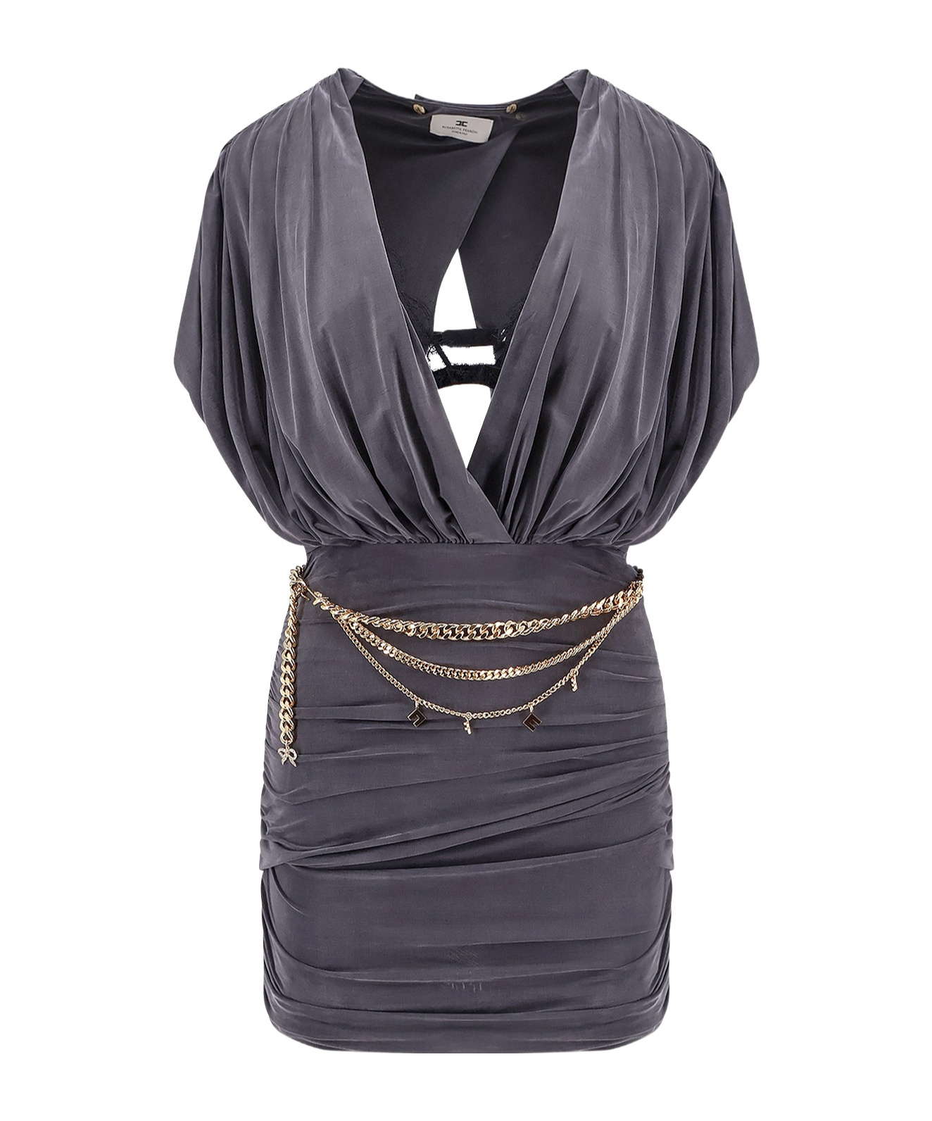 Elisabetta Franchi Mini Dress With Drapery And Metal Belt In Black