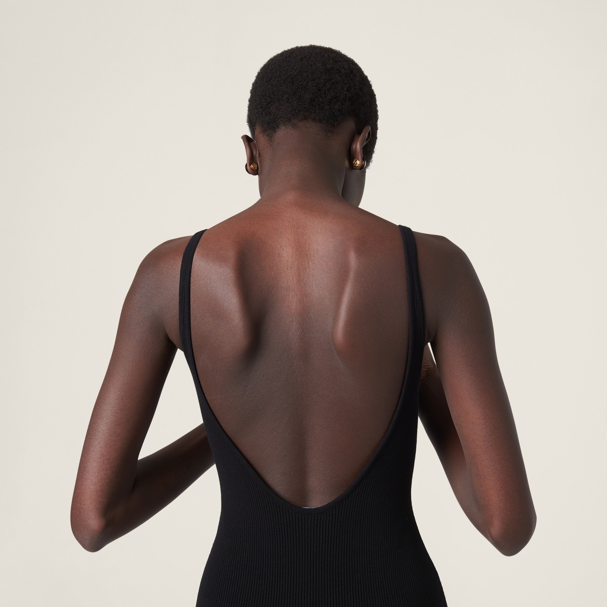Miu Miu Ribbed Backless Metal Logo Midi Dress In Black