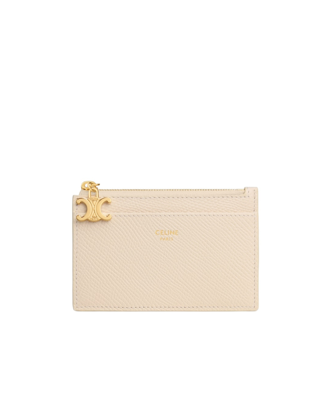 Celine Zipped Card Holder Triomphe Charms In Grained Calfskin In White