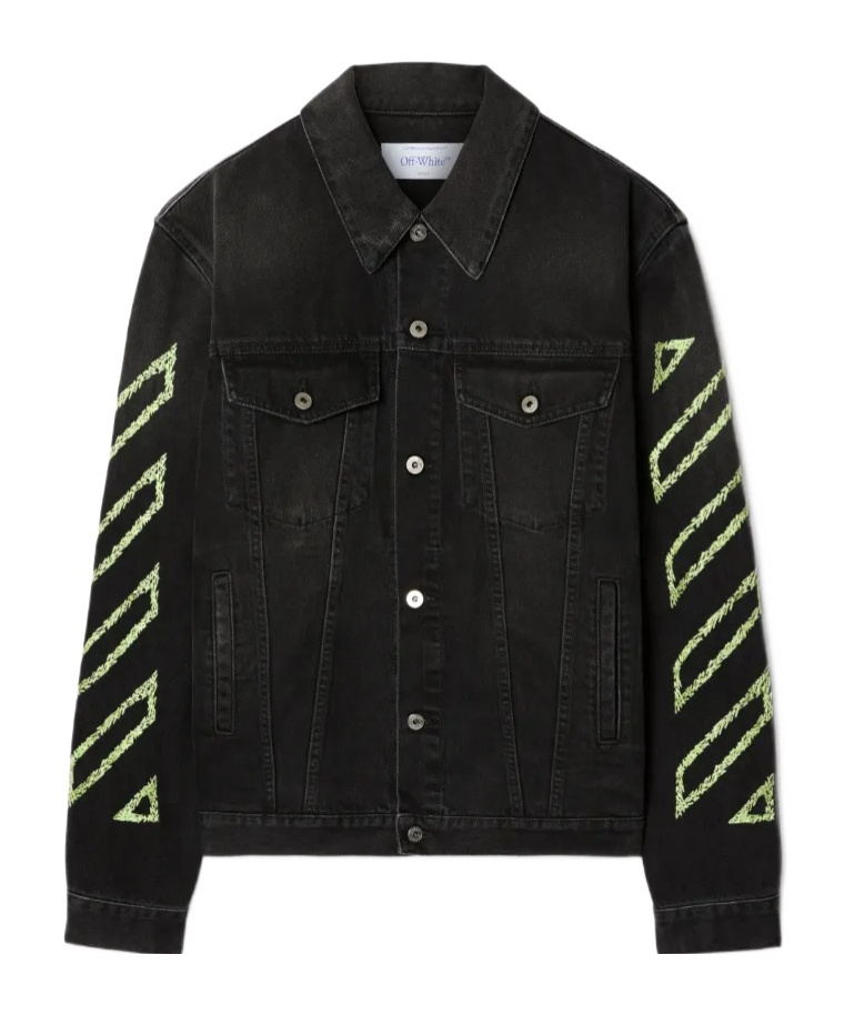 Off-white Diagonal Arrow Outline Embroidered Denim Skate Jacket In Black