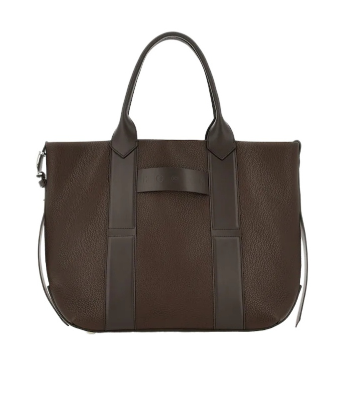 Hogan Structured Hammered Leather Tote Bag With Embossed Accents In Brown