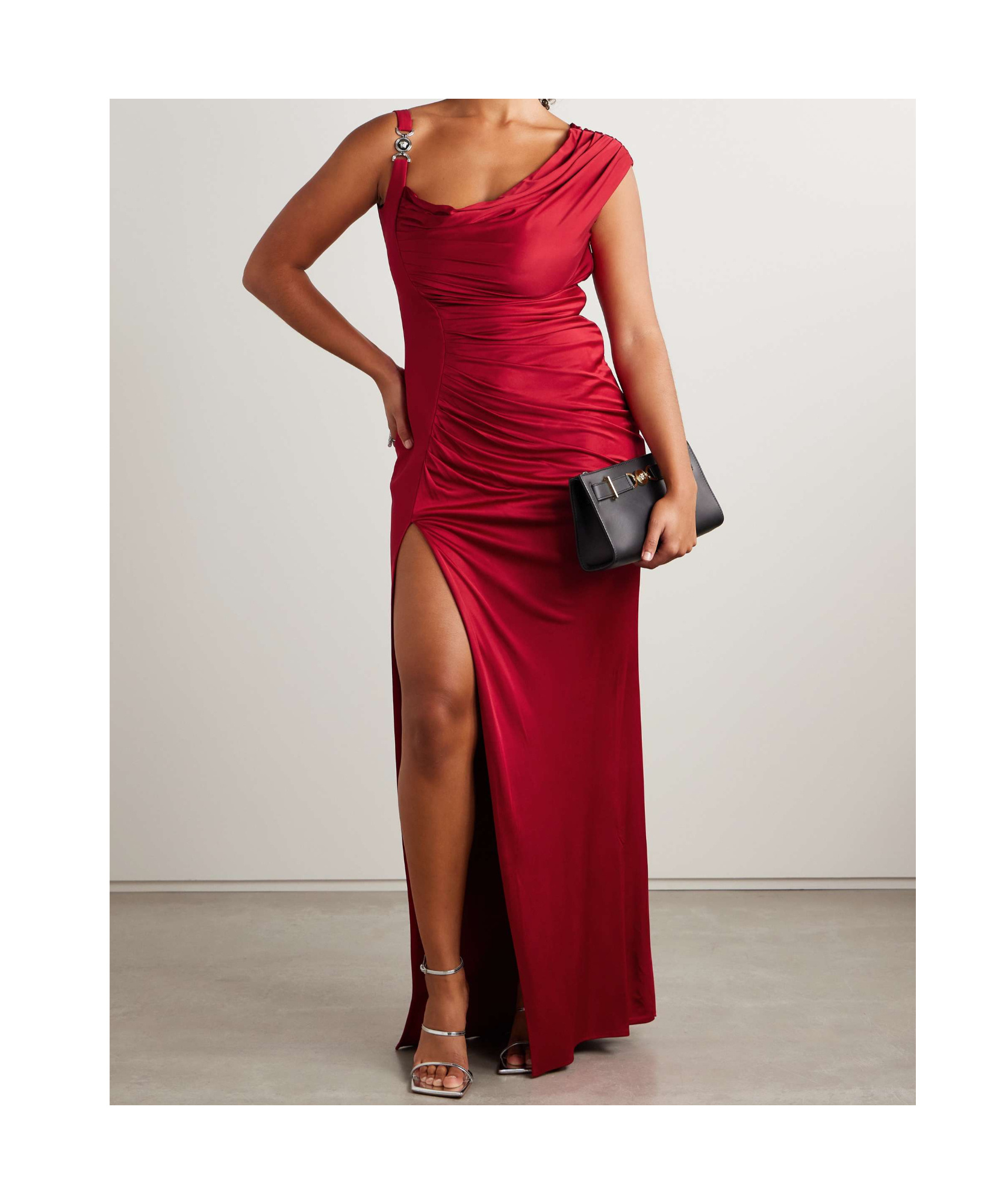 Versace Embellished Crepe And Draped Satin Gown In Red