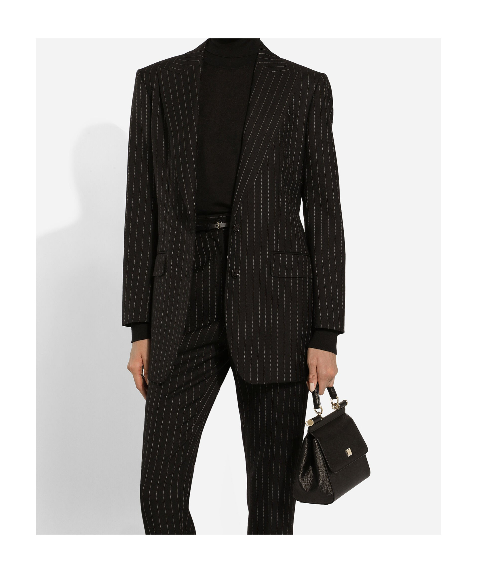 Dolce & Gabbana Vertical Striped Wool Suit With Buttoned Hems In Black