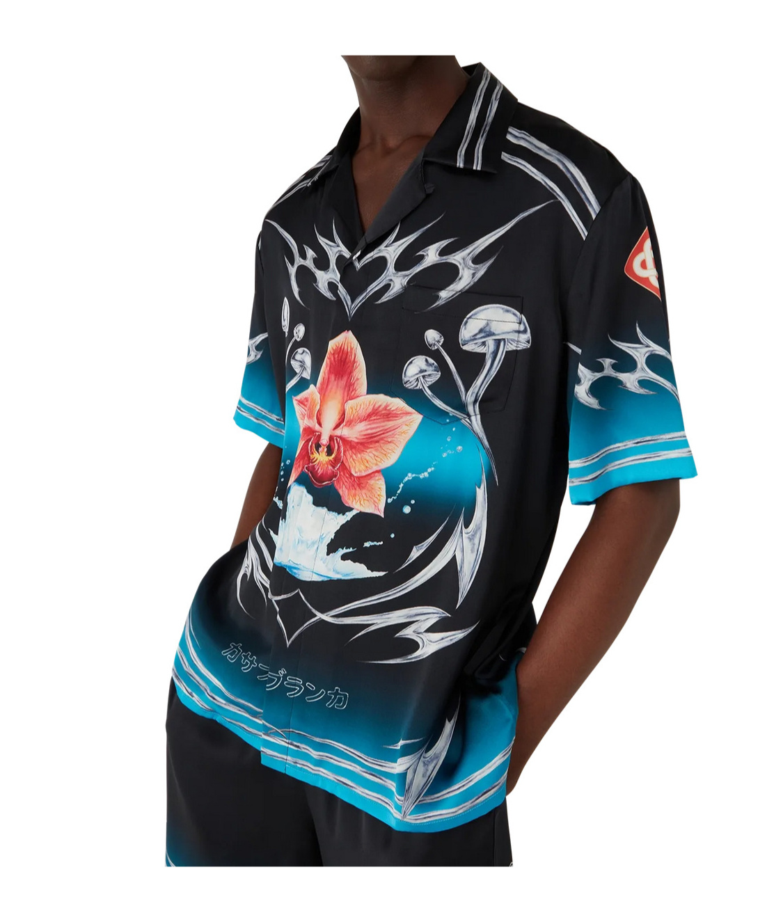Casablanca Blades Orchid-print Cuban-collar Shirt In Black