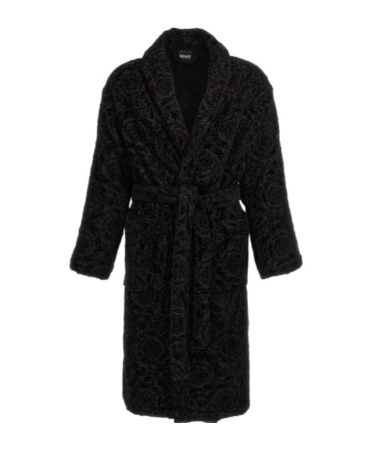Versace Baroque-jacquard Cotton Blend Robe In Black