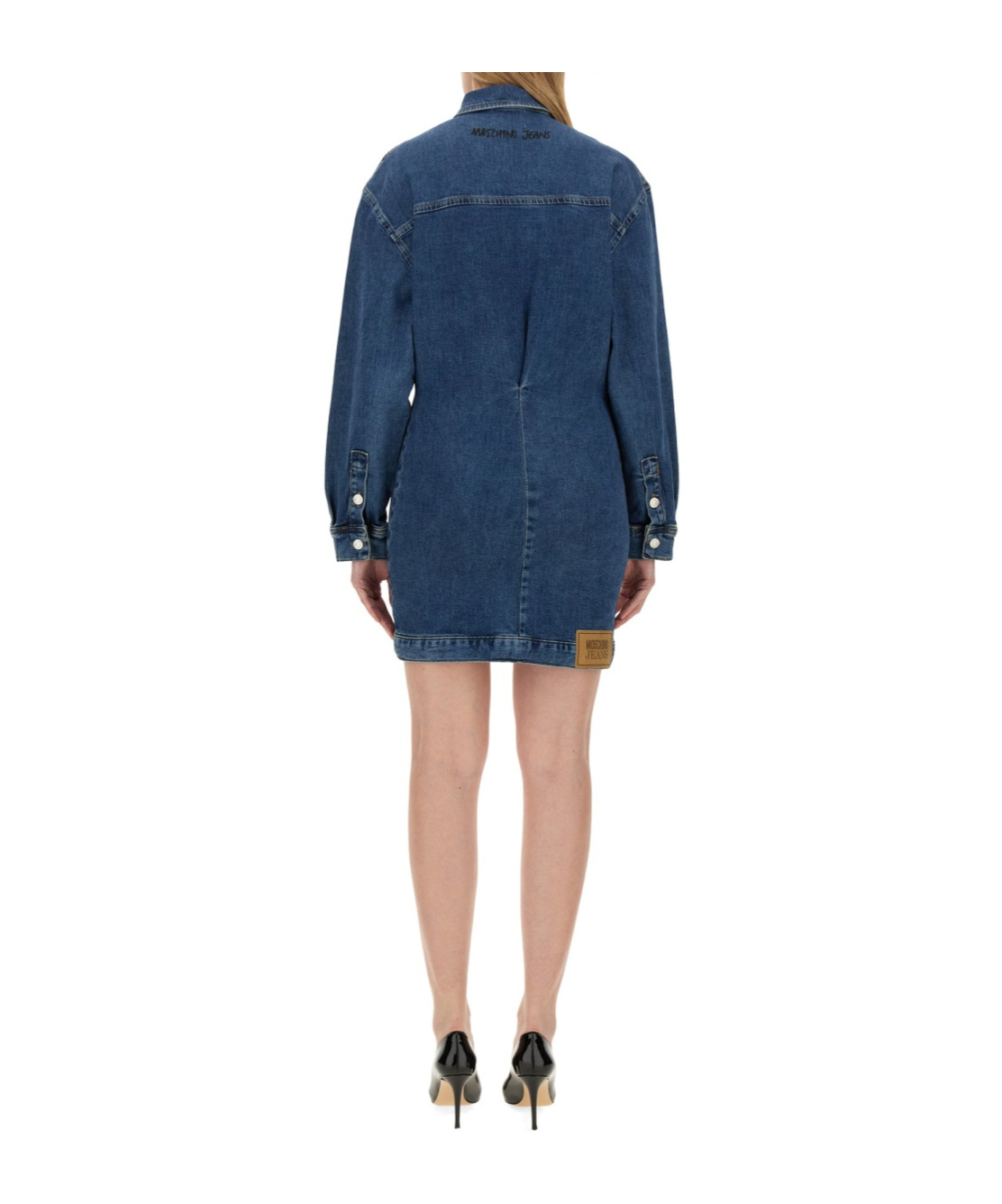 Moschino Denim Dress With Long Sleeves And Point Collar In Blue