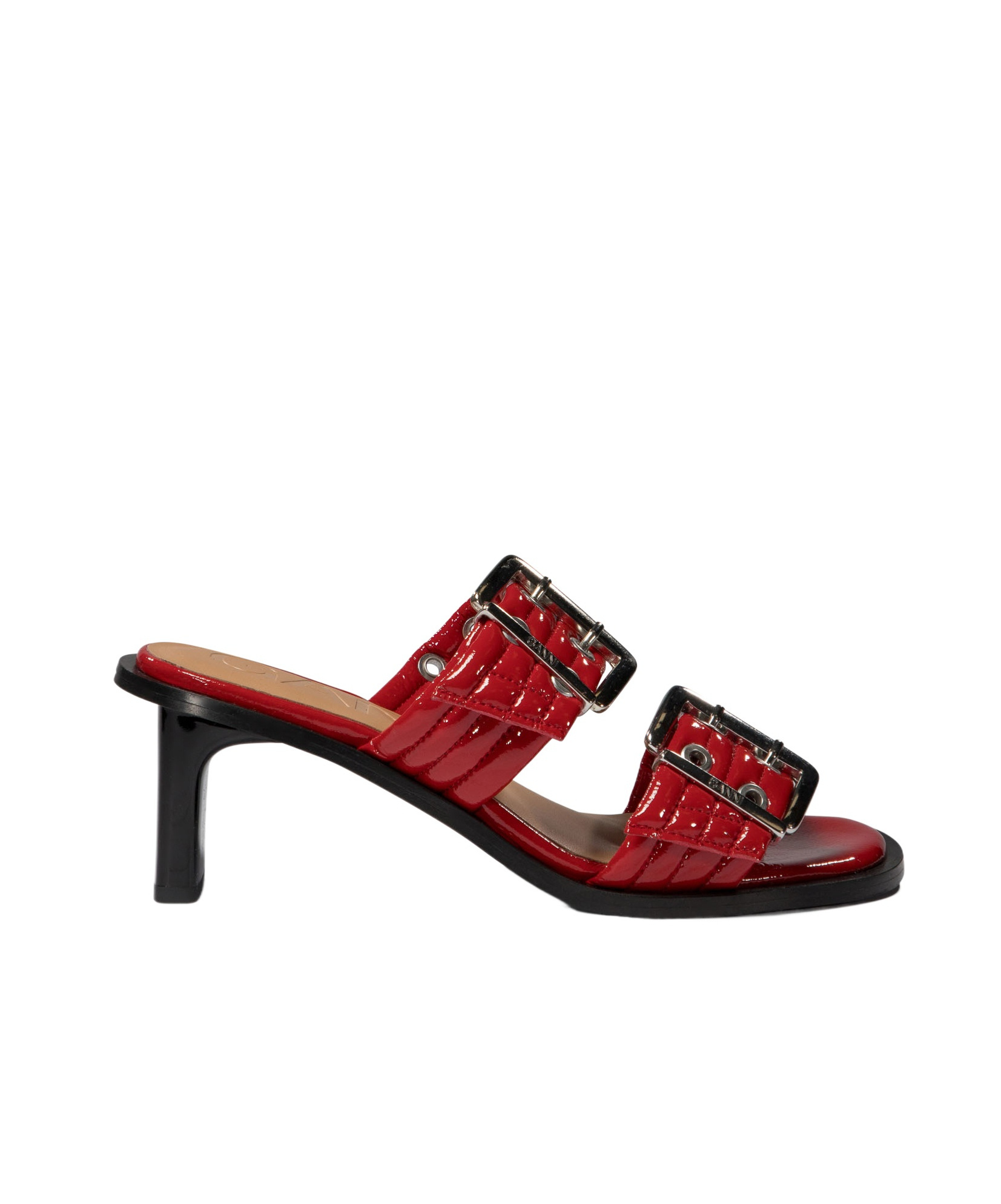Ganni Red Feminine Buckled Mule Heeled Sandals In Red