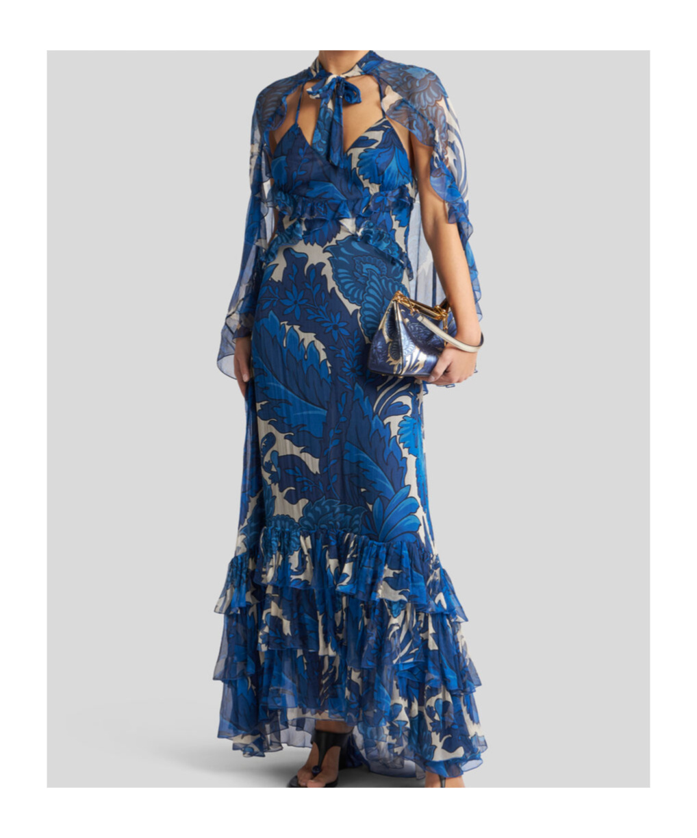 Etro Dress With Maxi Floral Print And Detachable Cape In Electric Blue