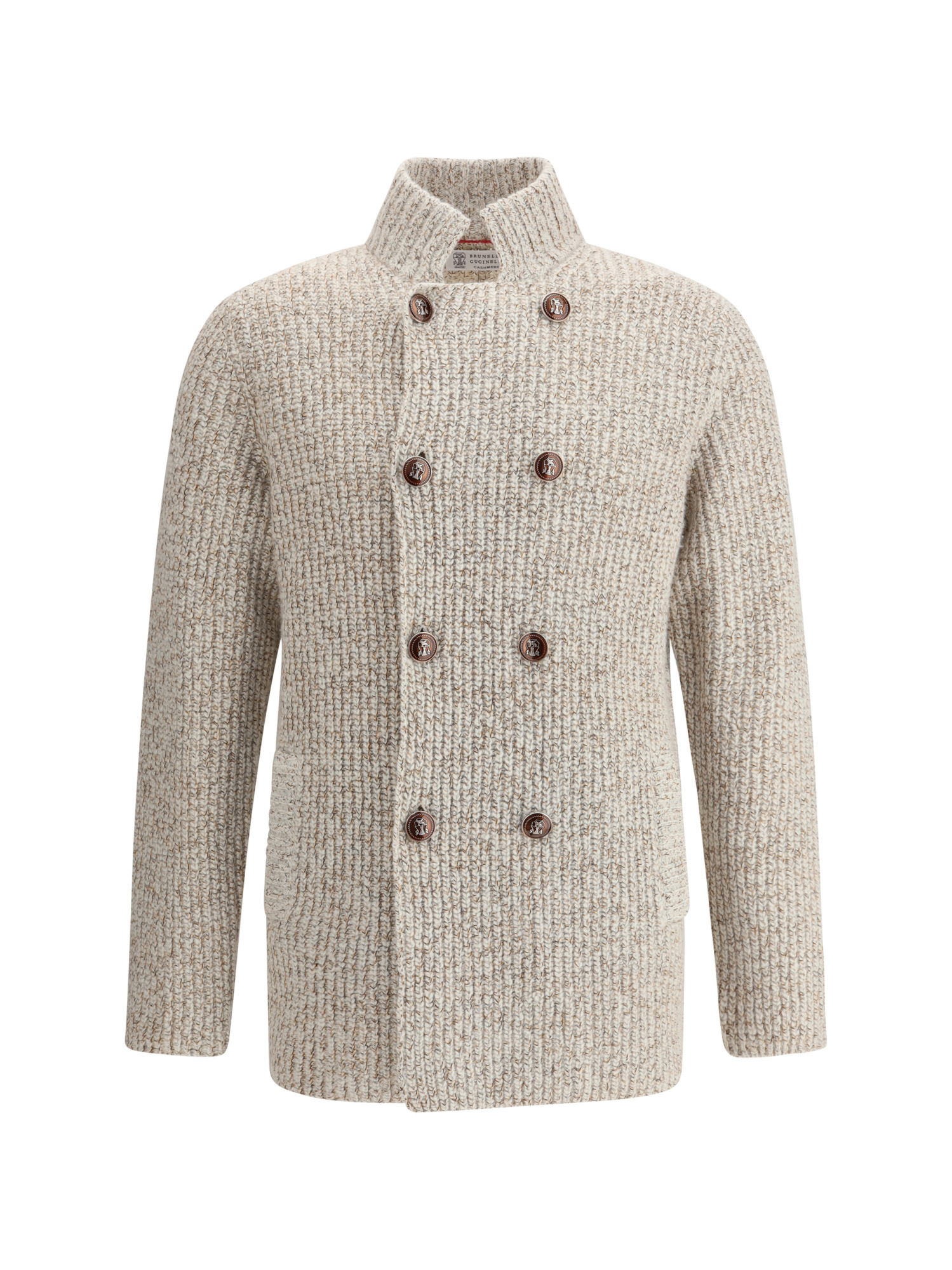 Brunello Cucinelli Textured Knit Double-breasted Jacket With High Collar In Neutral