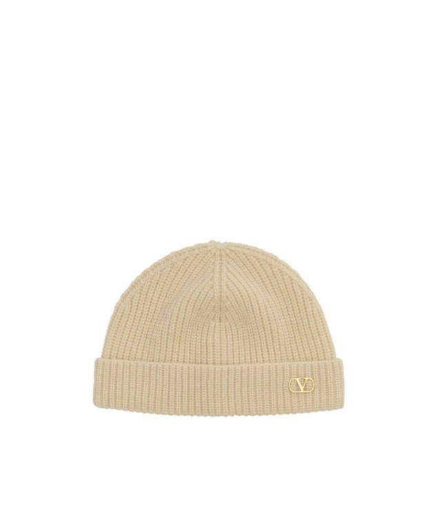 Valentino Ribbed Cashmere Beanie Hat With Turn-up Brim In Nude