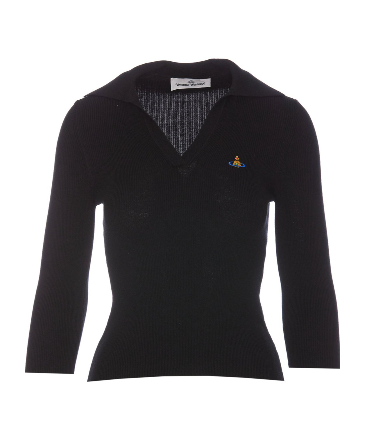 Vivienne Westwood Ribbed Texture V-neck Polo With Long Sleeves In Black
