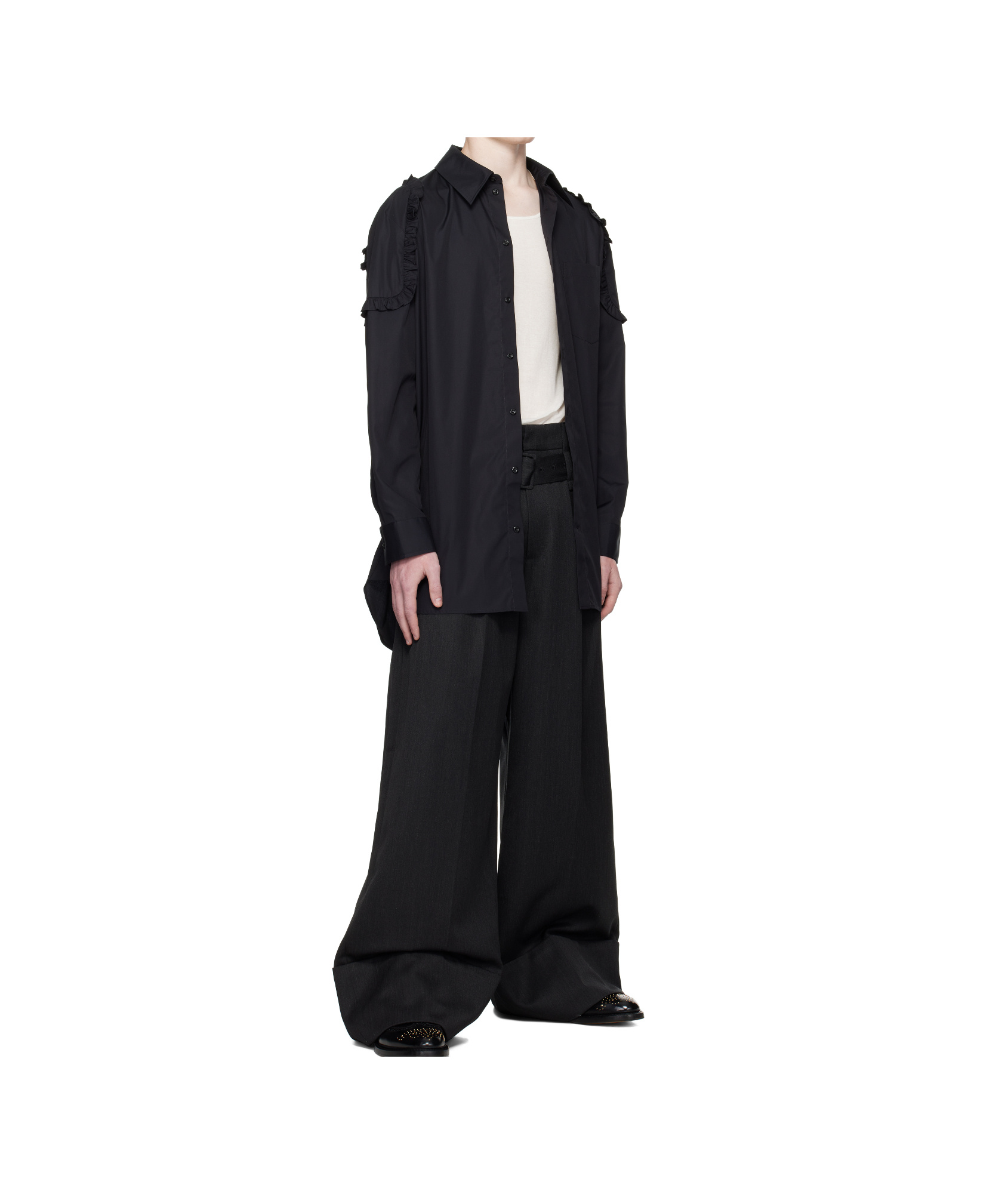 Simone Rocha Ruffle Shoulder Patch Tunic Shirt In Black