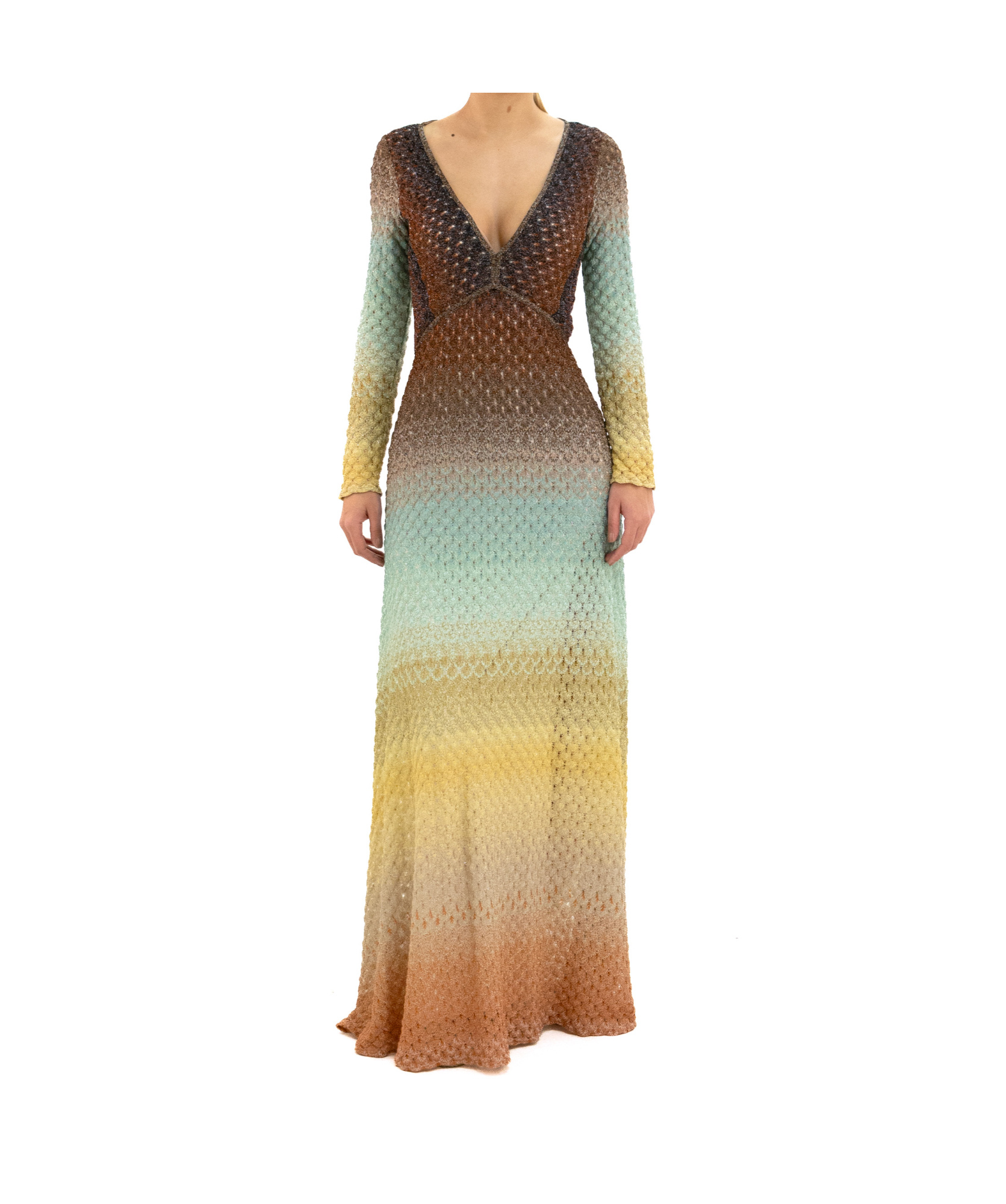 Missoni Plunging Metallic Ombre Knit Long-sleeve Maxi Dress In Multi-color