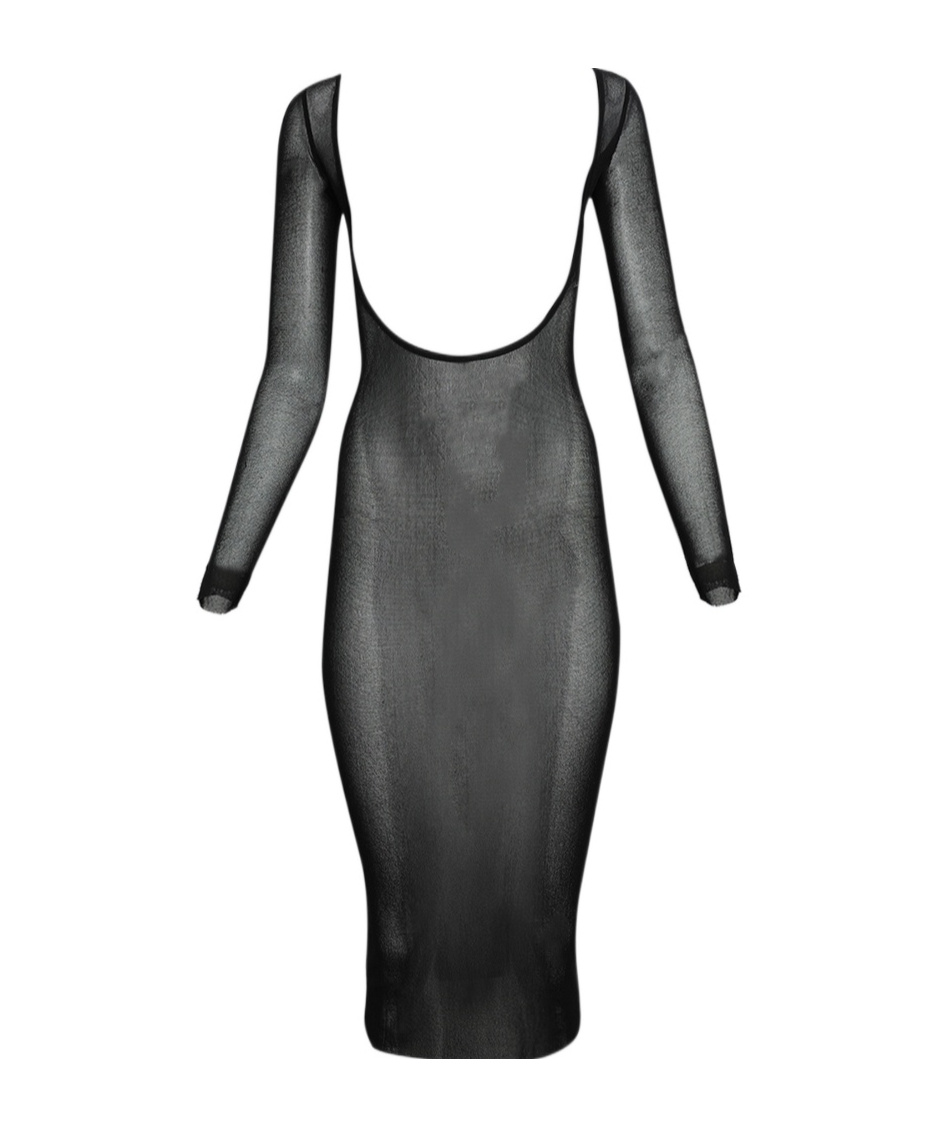 JEAN PAUL GAULTIER FLOCKED-LOGO MESH MIDI DRESS