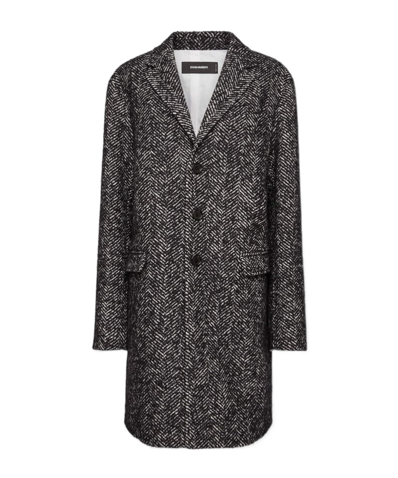 Dsquared2 Herringbone Wool Blend Coat In Black