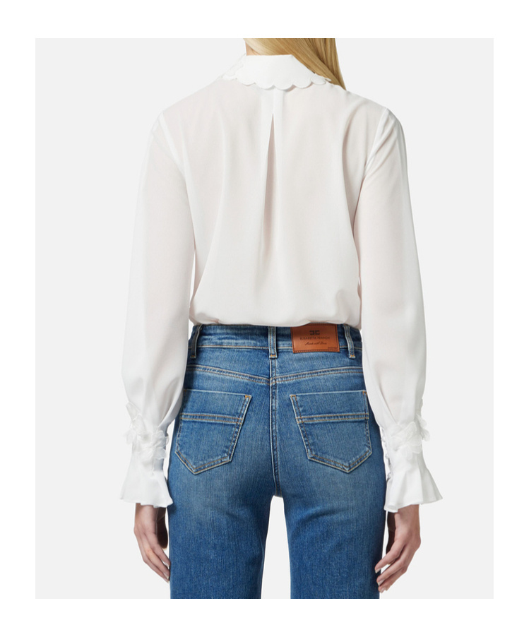 Elisabetta Franchi Shirt In Georgette Fabric With Floral Embroideries In Ivory