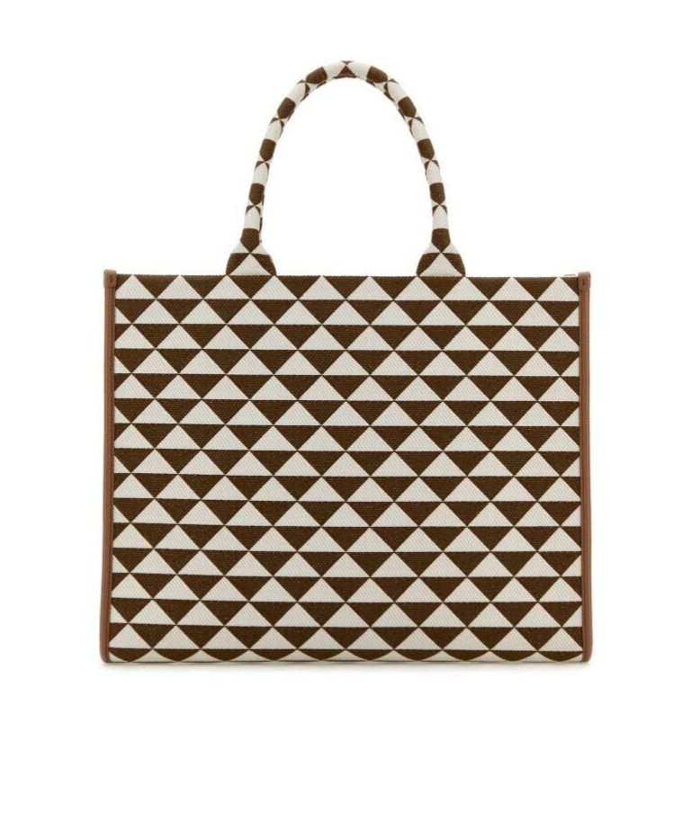 Prada Large Embroidered Fabric Shopping Bag In Tobacco Color / Powder Fog White