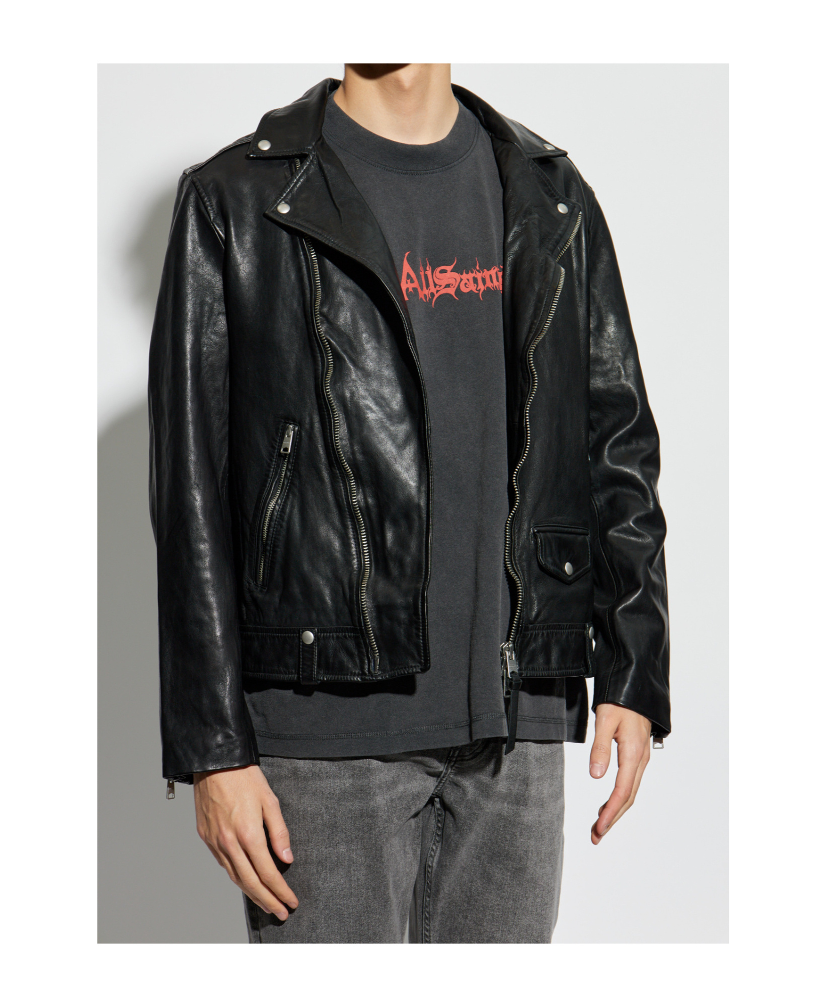 Allsaints Long-sleeved Leather Jacket In Black