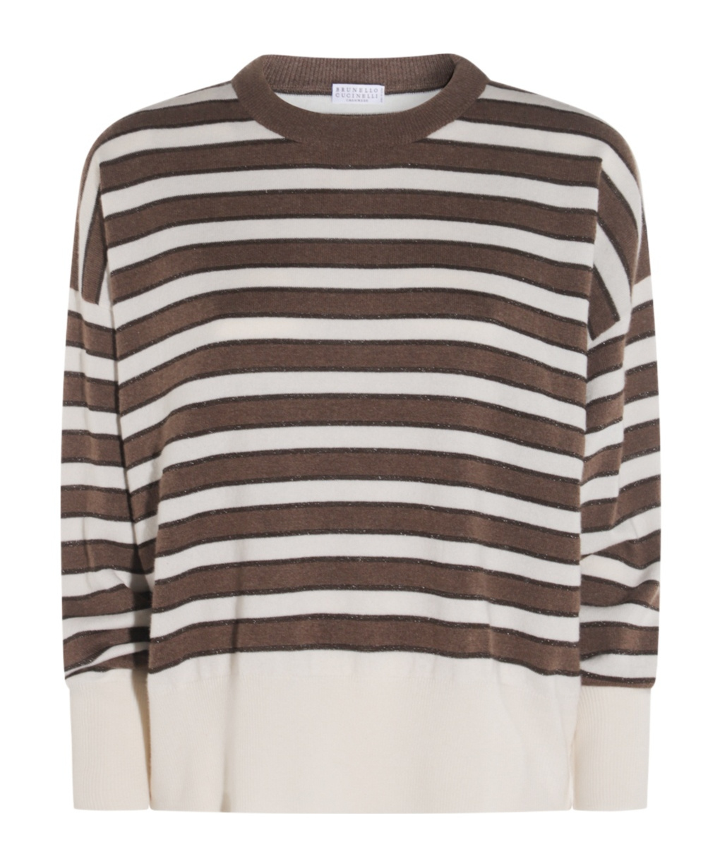 Brunello Cucinelli Crewneck Striped Knitwear Ribbed Cuffs In Brown