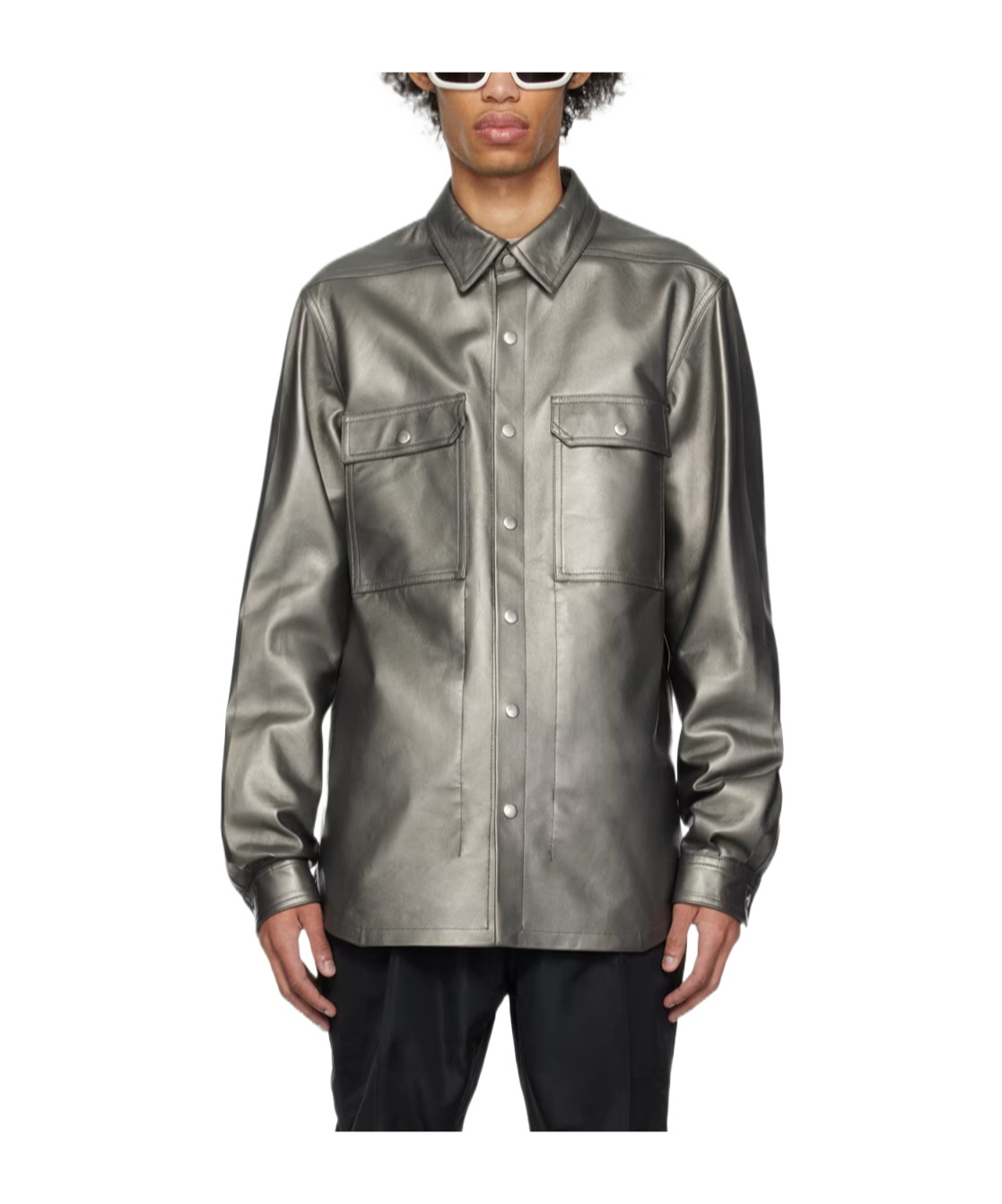 Rick Owens Metallic Leather Shirt Jacket In Black