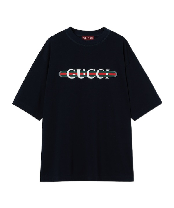 Gucci Printed Cotton T-shirt In Dark Blue