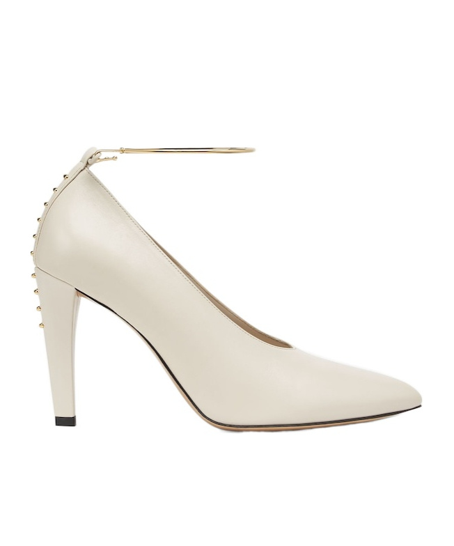 Fendi Almond Beige Pointed Pumps With Metallic Embellishments In White