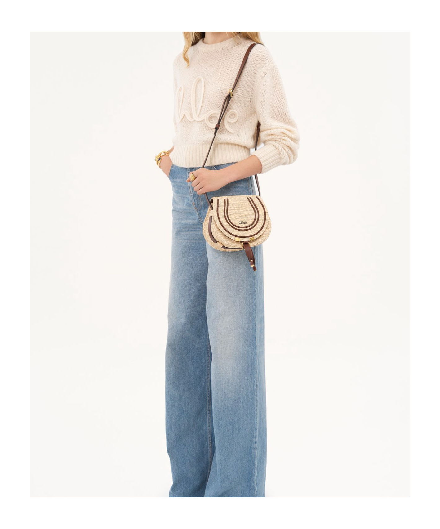 Chloé Small Saddle Marcie Bag In Raffia Effect In Nude