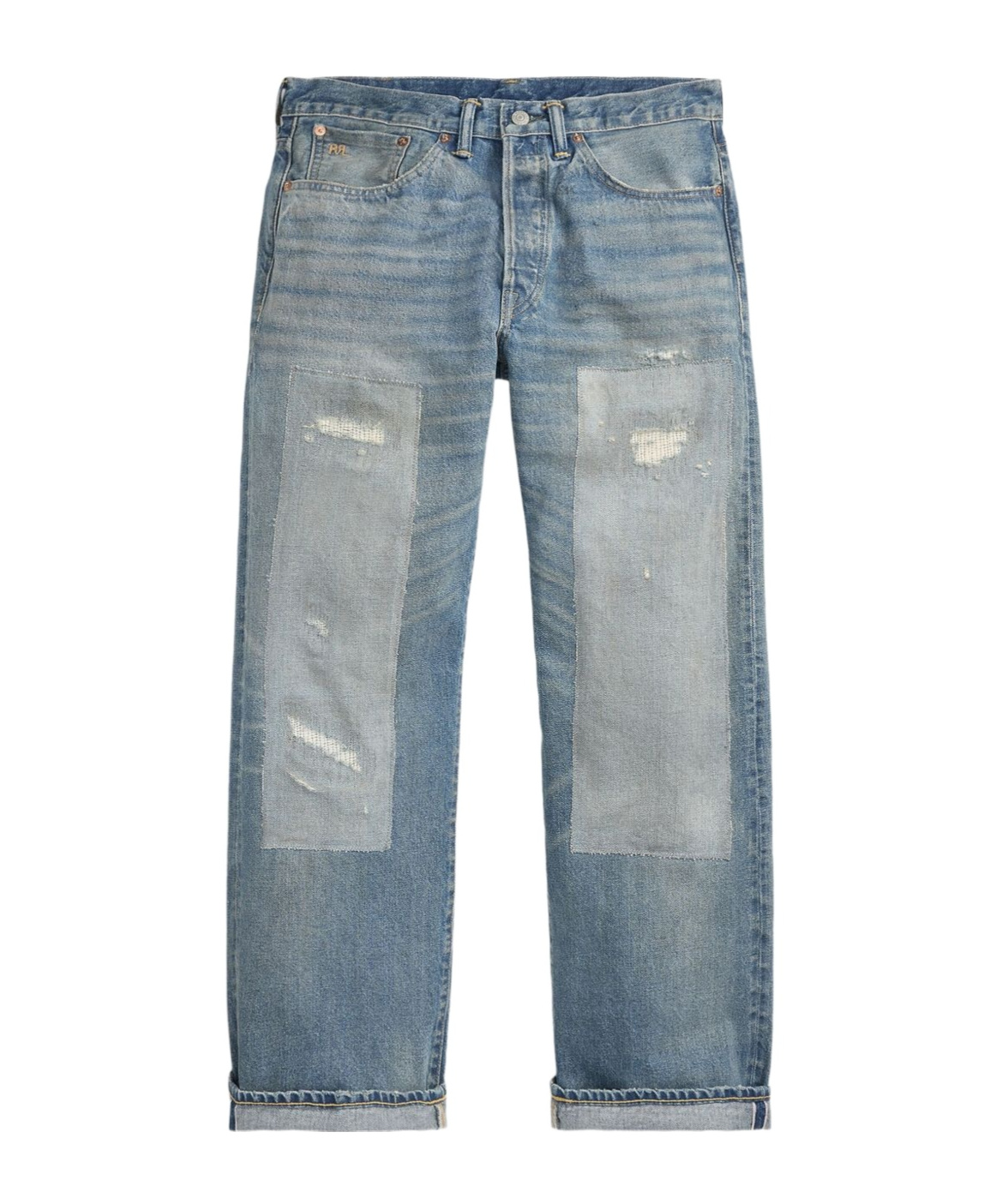 Rrl Distressed Patchwork Jeans In Blue