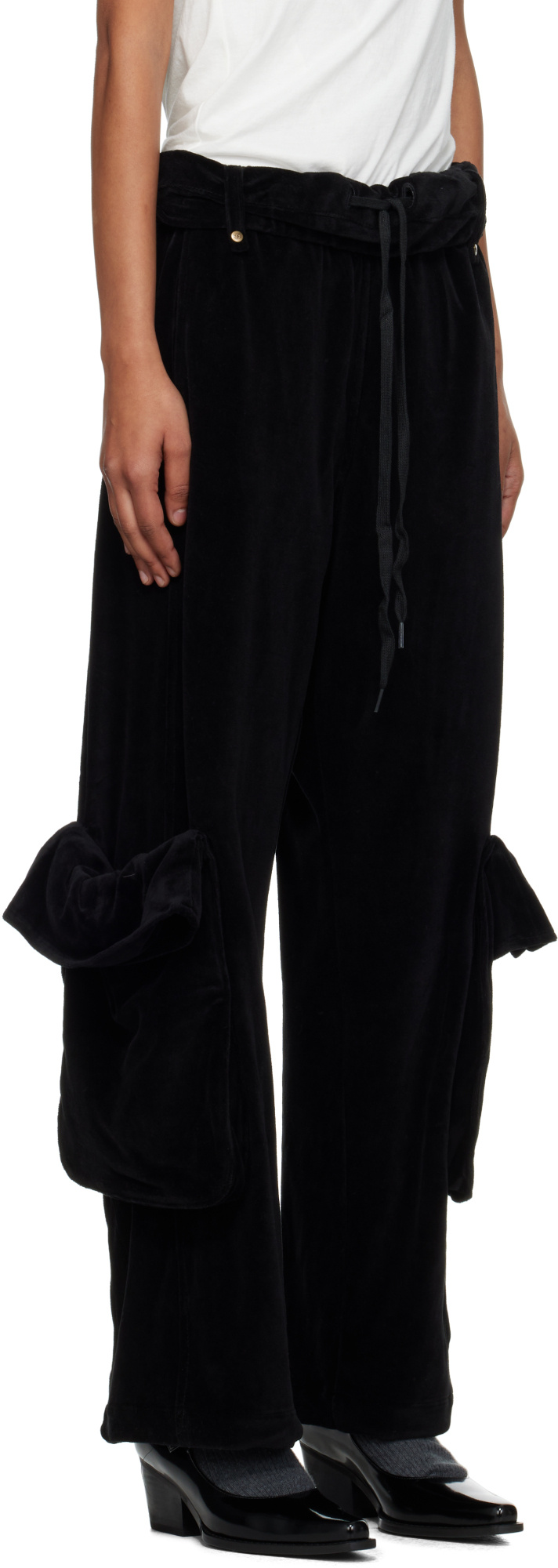 Open Yy Rolled-waist Velvet Overalls In Black