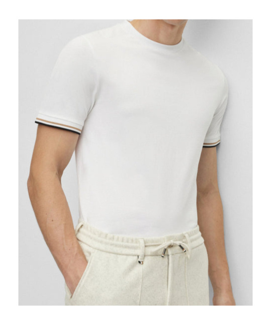 Shop Hugo Boss Striped-cuffs Cotton T-shirt In White