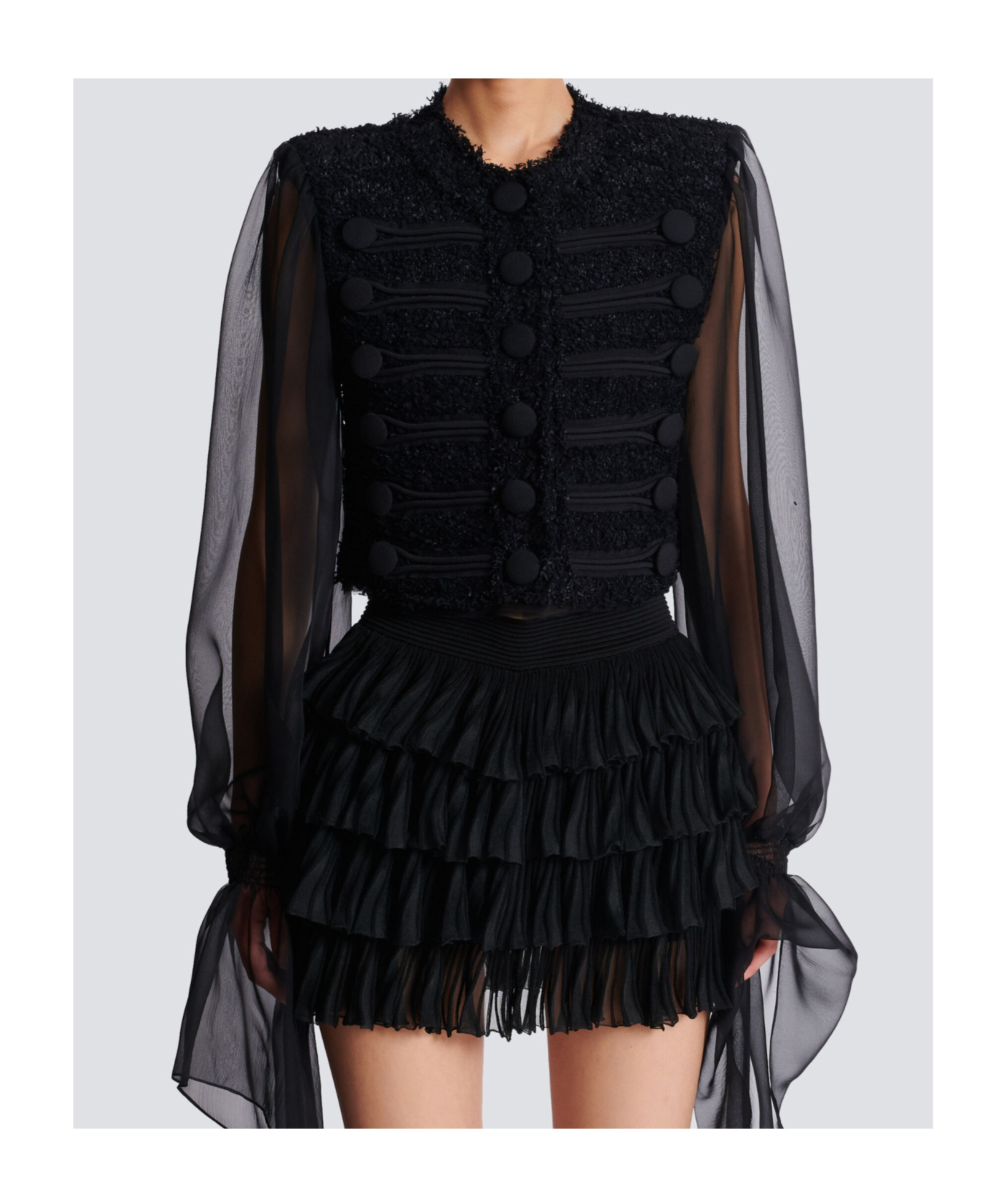 Balmain Edge-to-edge Tweed And Chiffon Jacket In Black