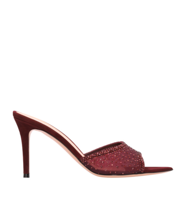 Gianvito Rossi Burgundy Suede Slippers With Transparent Mesh Overlay In Red